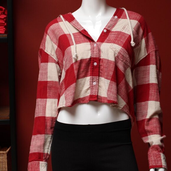 American Eagle Red Plaid Flannel Cropped Hoodie - Picture 1 of 11